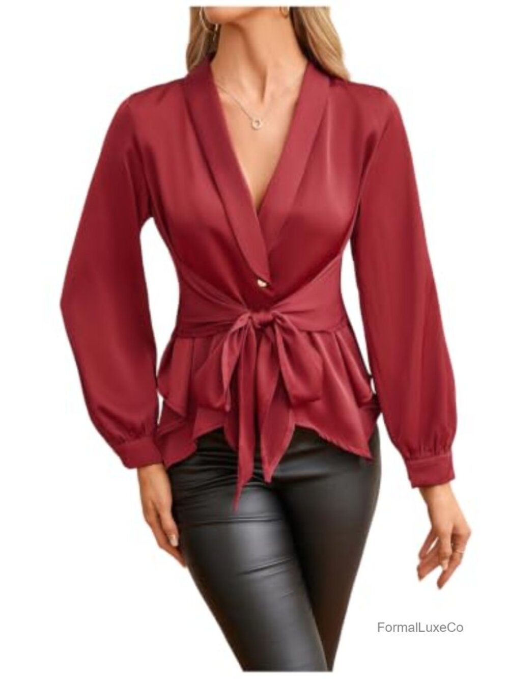 Satin Blouse Long Sleeve V Neck Tie Waist Asymmetrical Wrap Top